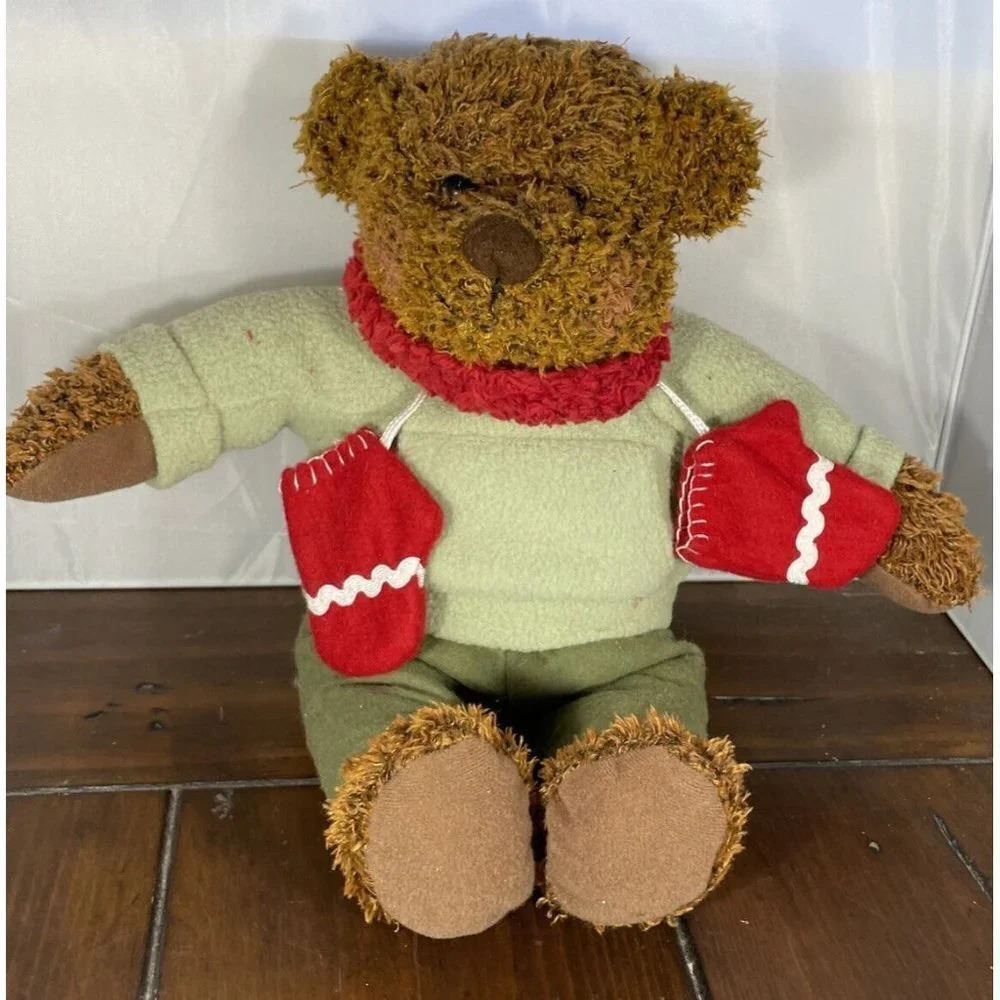 Hallmark 12" Plush Teddy Bear Green Red Scarf Mittens Winter Holiday